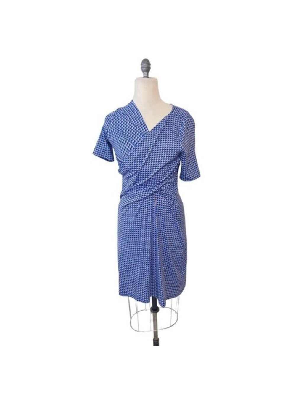 Talbots Petites Blue Gold Diamond print Stretch Dress Medium Petite MP
